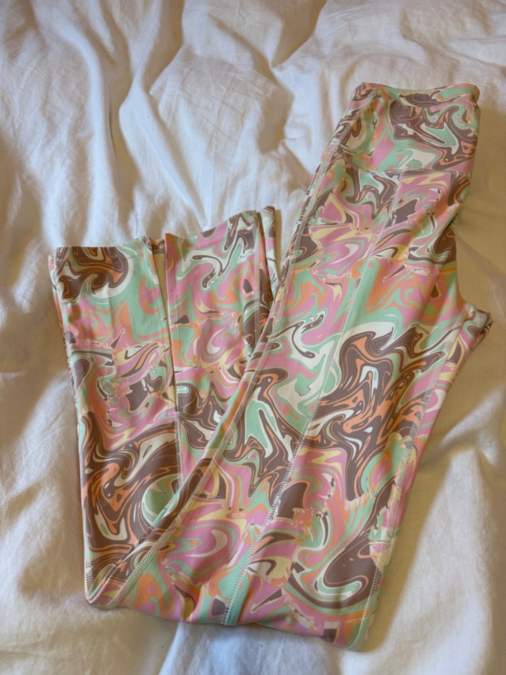 RSQ Pastel Swirl Leggings in Mint, Pink & Brown with flare leg front seam split